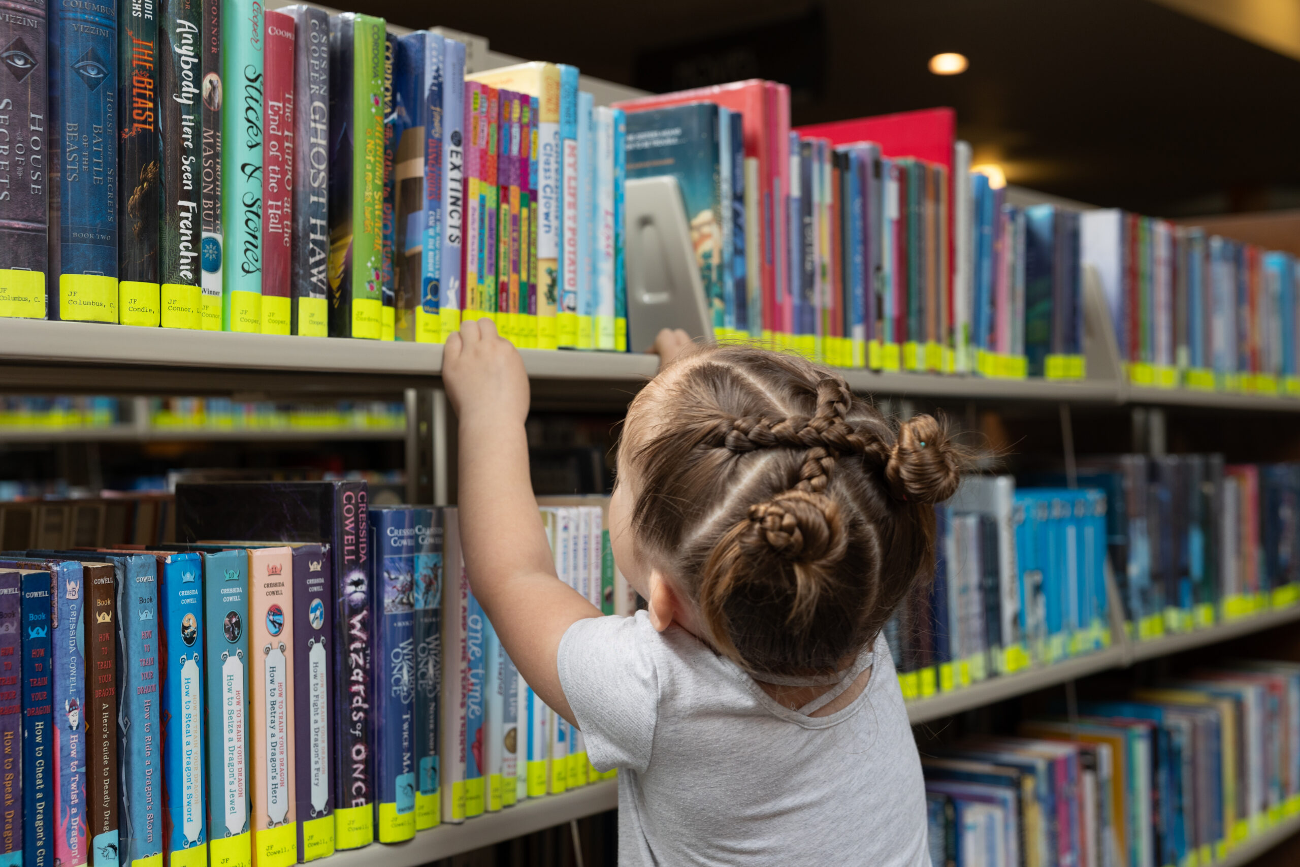 Little girl with braided hair finding a book on a shelf. The books have yellow spine labels.