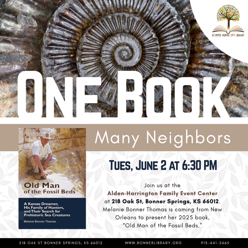 One Book Many Neighbors Bonner Springs City Library program June 2nd at 6:30 pm at the Alden-harrington event center