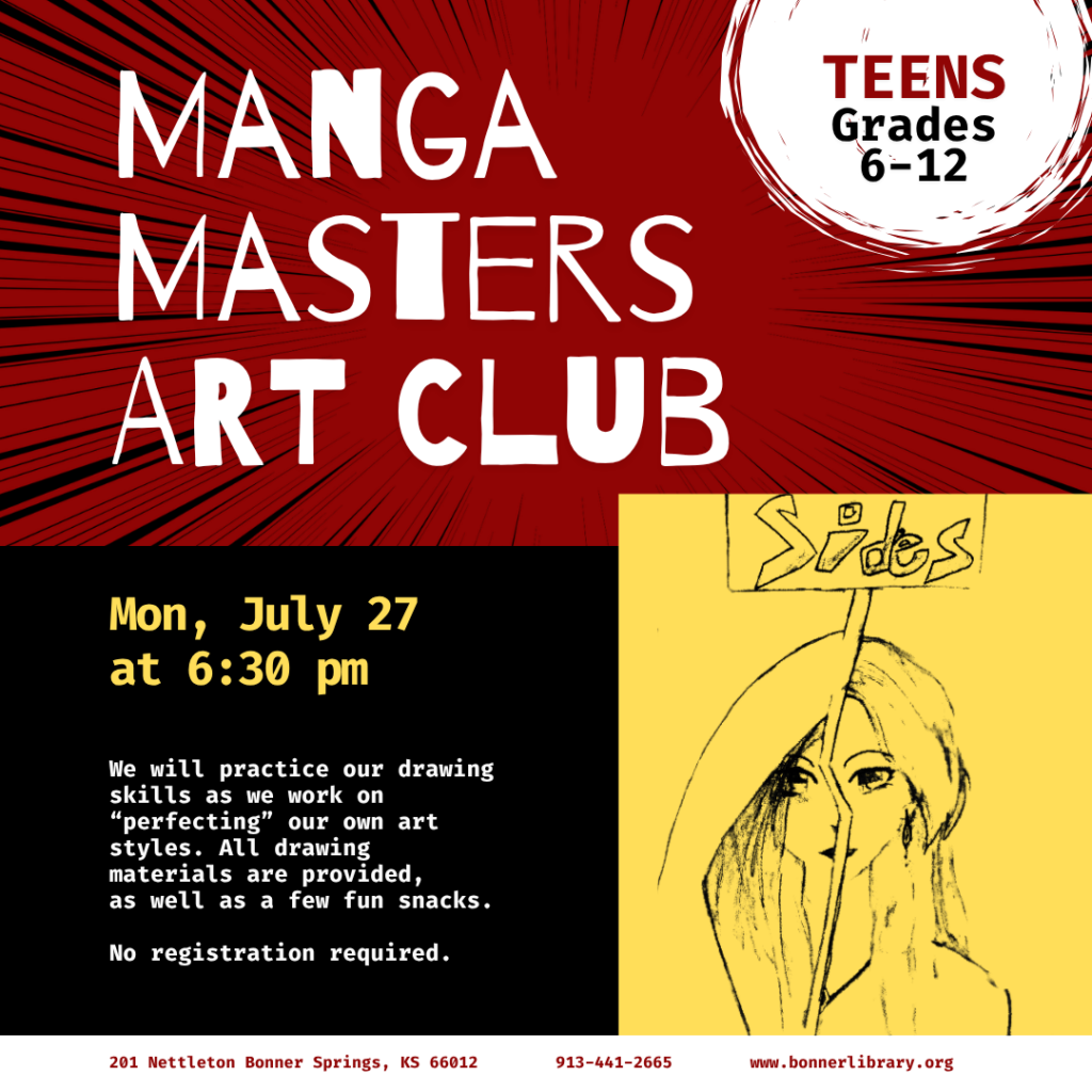 Manga Masters Art Club Monday July 27th at 6:30 pm