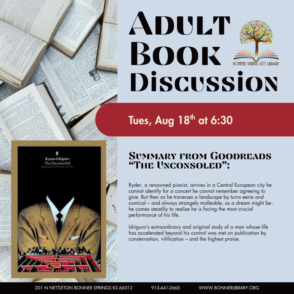 Adult book discussion on August 18th at 6:30 pm