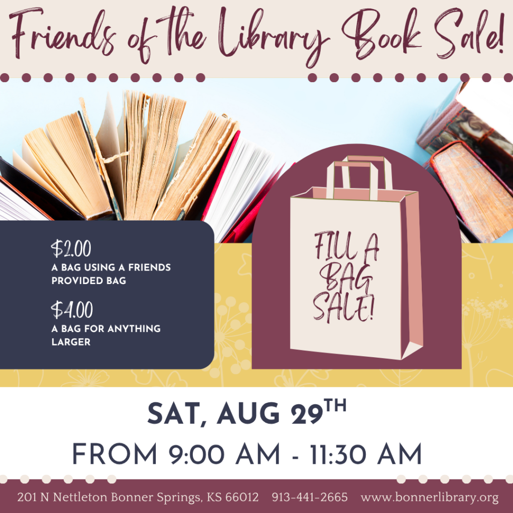 Friends of the Library Book Sale Saturday August 29th from 9 - 11:30 am