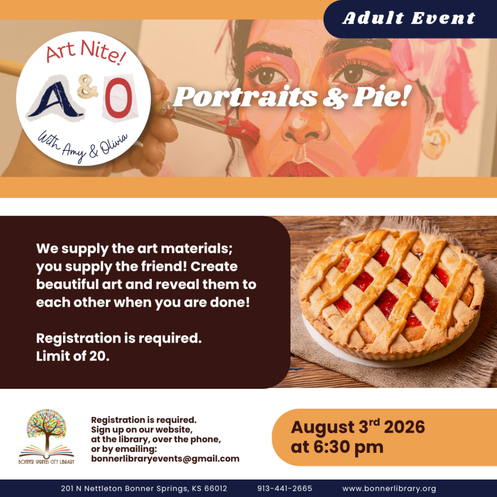 Art Nite Portraits & Pie! on August 3rd at 6:30 pm.