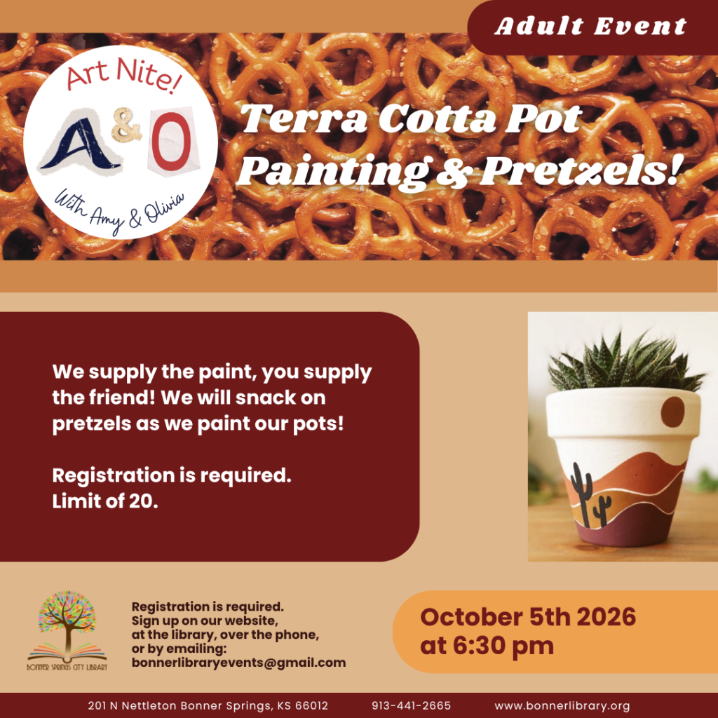 October 5th Terra Cotta Pot Painting and Pretzels at 6:30 pm