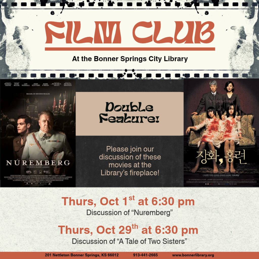 Film Club Thurs, Oct 1st at 6:30 and Thurs, Oct 29th at 6:30