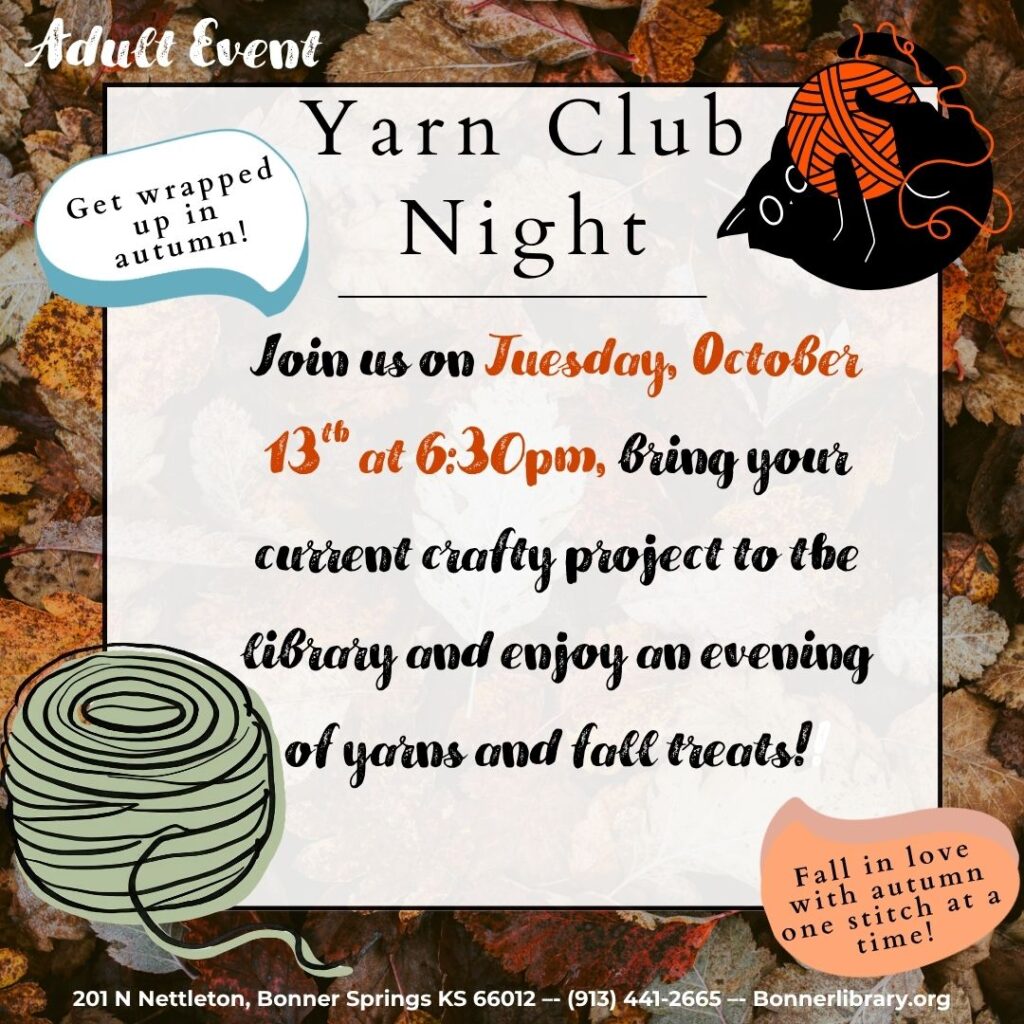 Yarn Club Night Tues Oct 13th at 6:30 pm