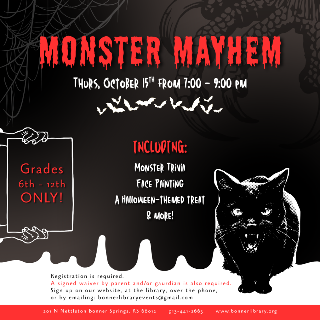 Teen Monster Mayhem Thurs, Oct 15th from 7:00 - 9:00 pm