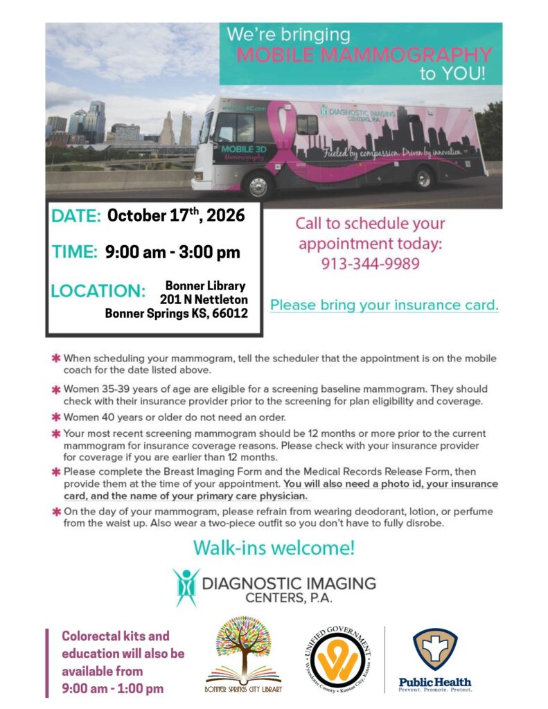 Mobile Mammogram bus Oct 17th from 9:00 am - 3:00 pm