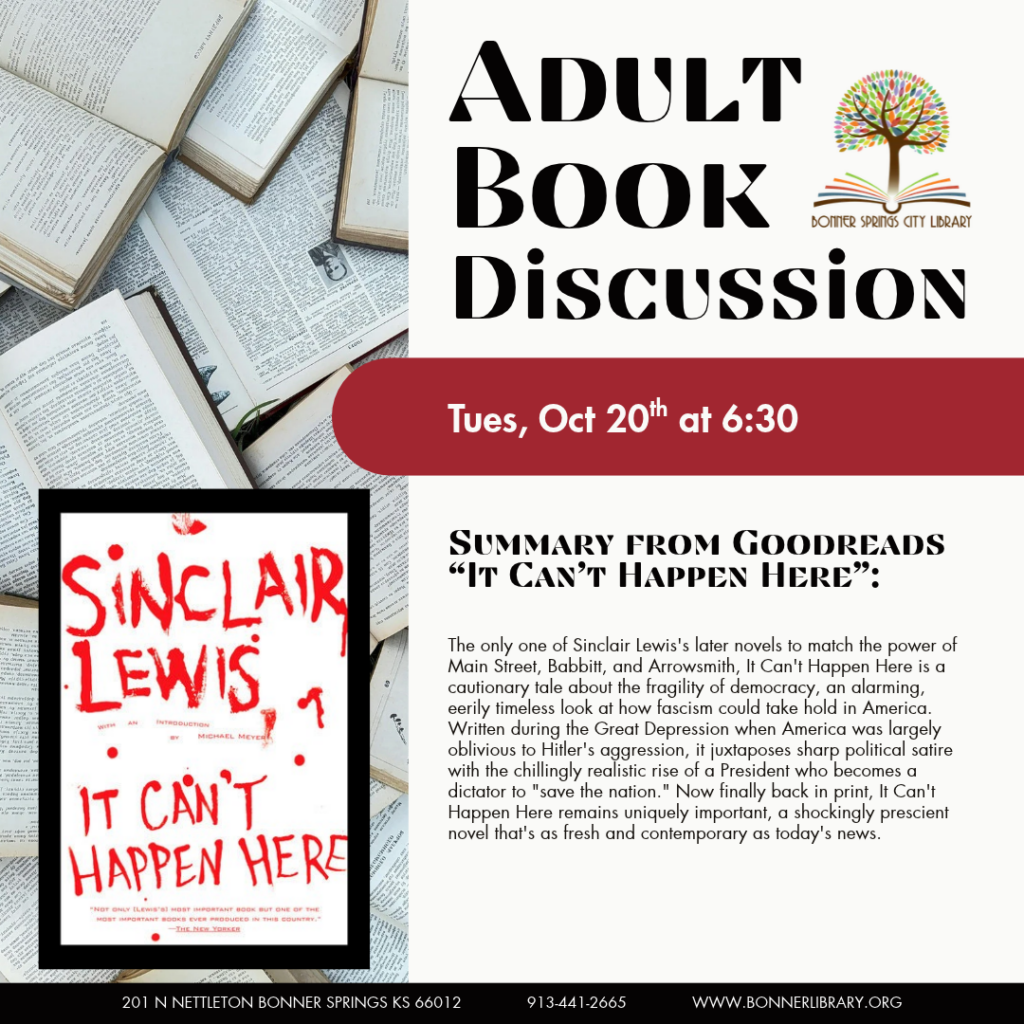 Adult Book Discussion Tues, Oct 20th at 6:30 pm