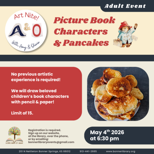 Picture book characters and pancakes on May 4th at 6:30 pm.